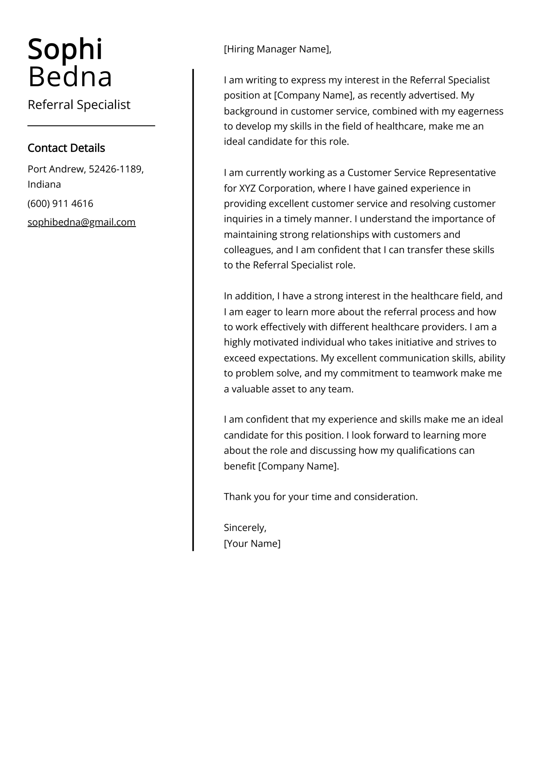 Referral Specialist Cover Letter Examples (Template &amp;amp; 20+ Tips) in Medical Referral Letter Template Sample