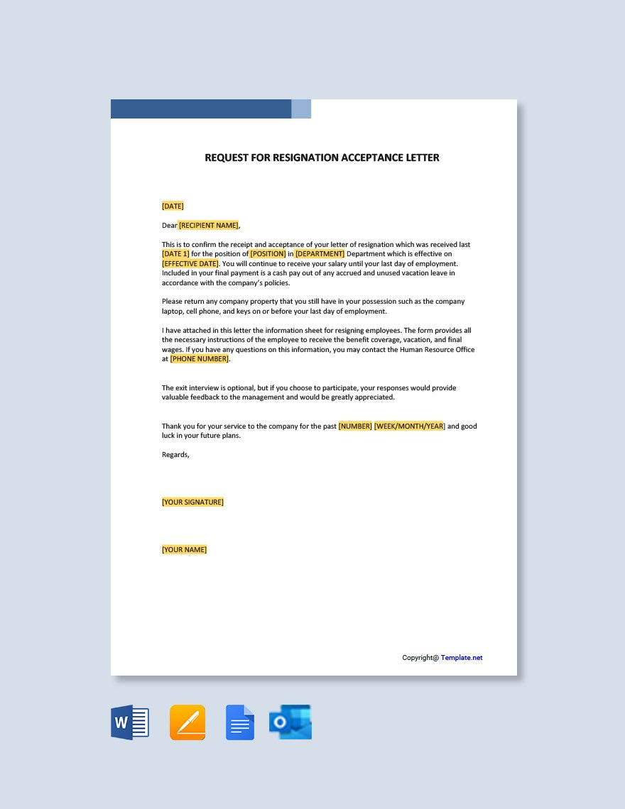 Request For Resignation Acceptance Letter In Google Docs, Pages intended for Resignation Acceptance Letter Template Sample