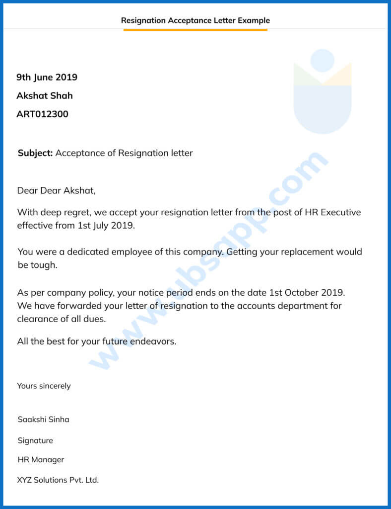 Resignation Acceptance Letter - Format, Meaning, Importance, And regarding Resignation Acceptance Letter Template Sample