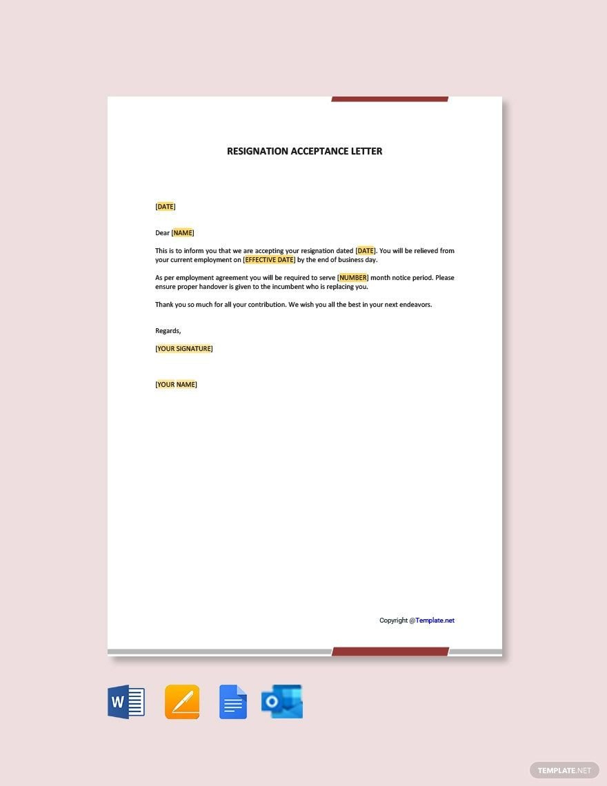 Resignation Acceptance Letter In Google Docs, Pages, Word, Outlook with Resignation Acceptance Letter Template Sample