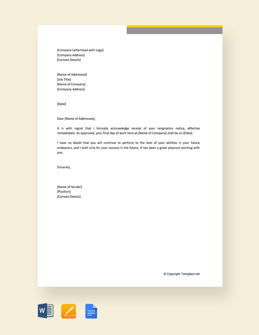 Resignation Acceptance Letter Templates In Pdf - Free Download with regard to Resignation Acceptance Letter Template Sample