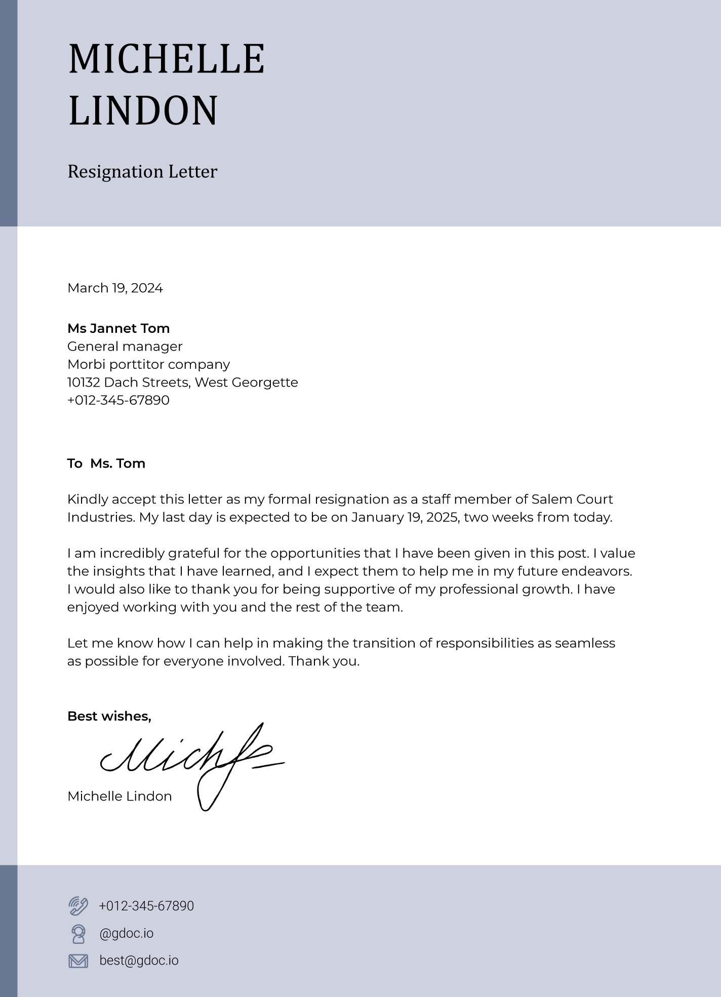 Resignation Letter 2 Weeks Notice Free Google Docs Template - Gdoc.io intended for Resignation Letter With 2 Weeks Notice Sample Template