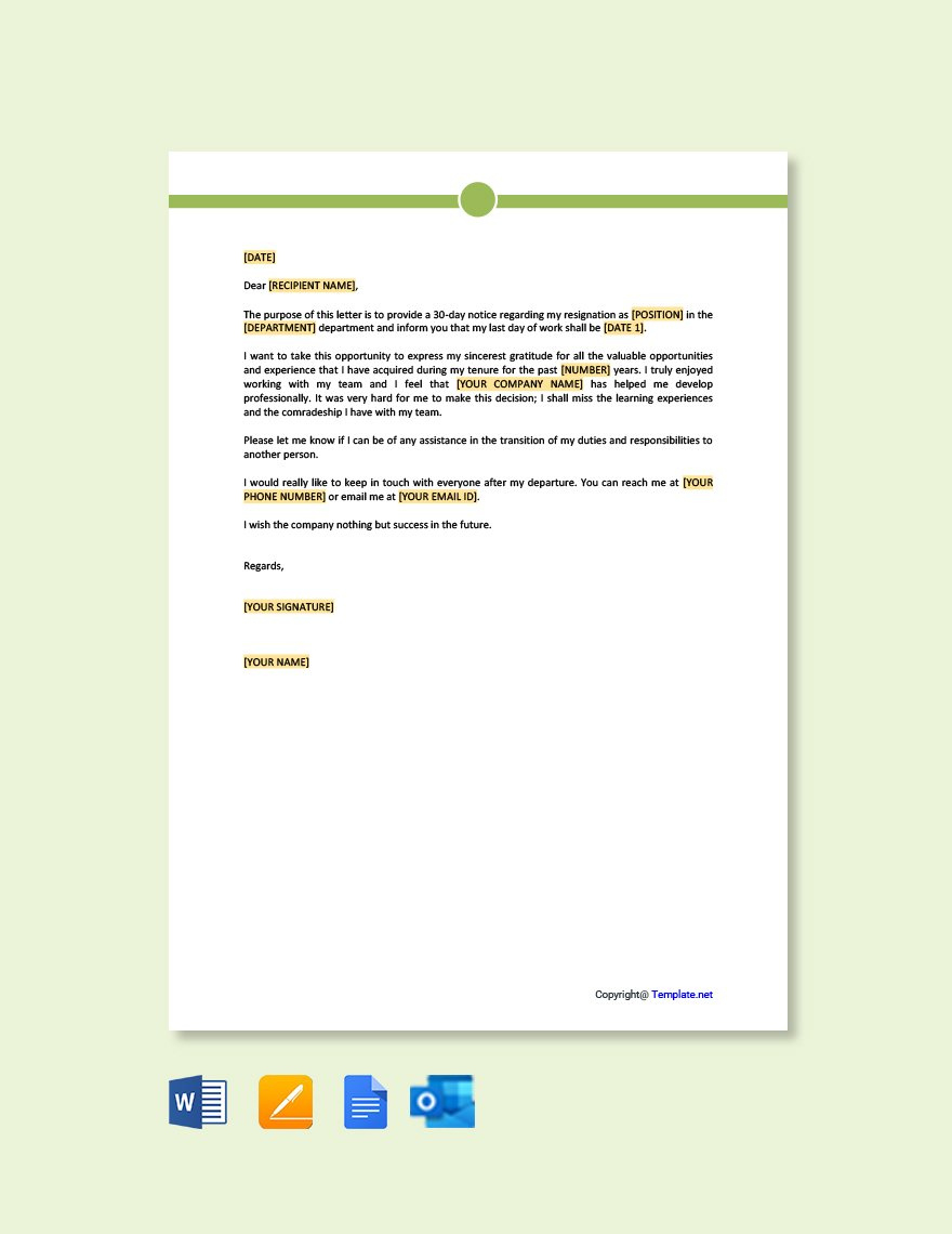 Resignation Letter With One Month Notice In Google Docs, Pages throughout 1-Month Notice Resignation Letter Sample Template