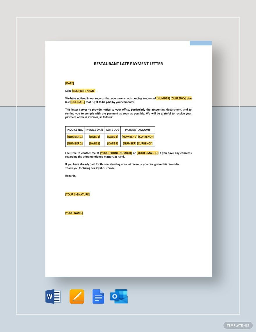 Restaurant Late Payment Letter In Google Docs, Word, Pages intended for Invoice Letter Sample Template