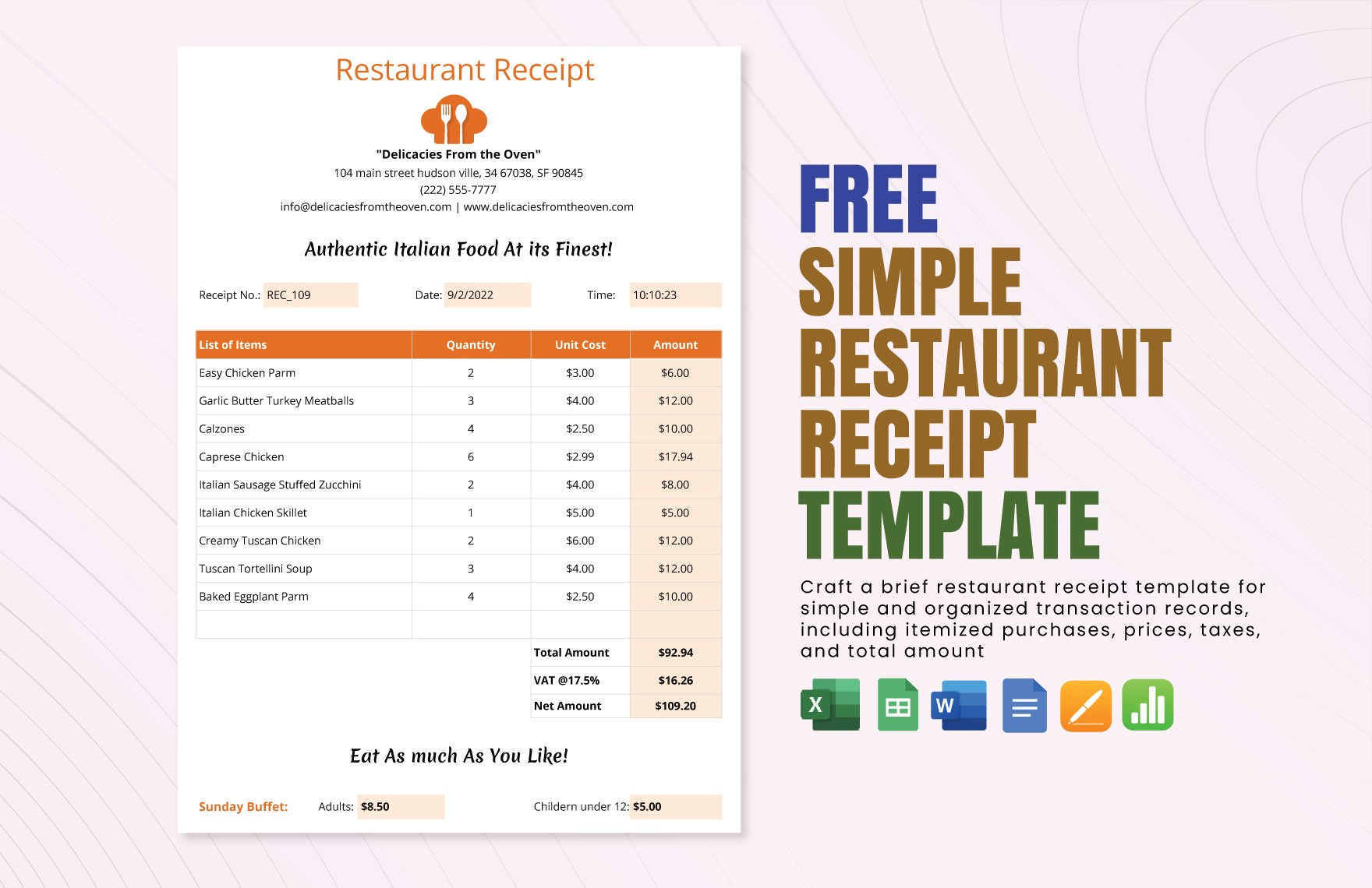 Restaurant Receipt Templates In Google Sheets - Free Download inside Restaurant Receipt Sample Template