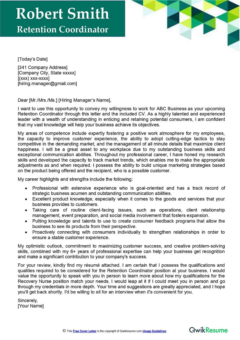 Retention Coordinator Cover Letter Examples - Qwikresume pertaining to Retention Letter Sample Template