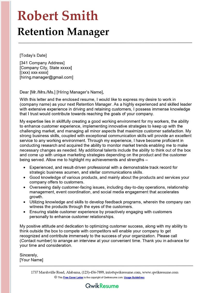 Retention Manager Cover Letter Examples - Qwikresume with Retention Letter Sample Template