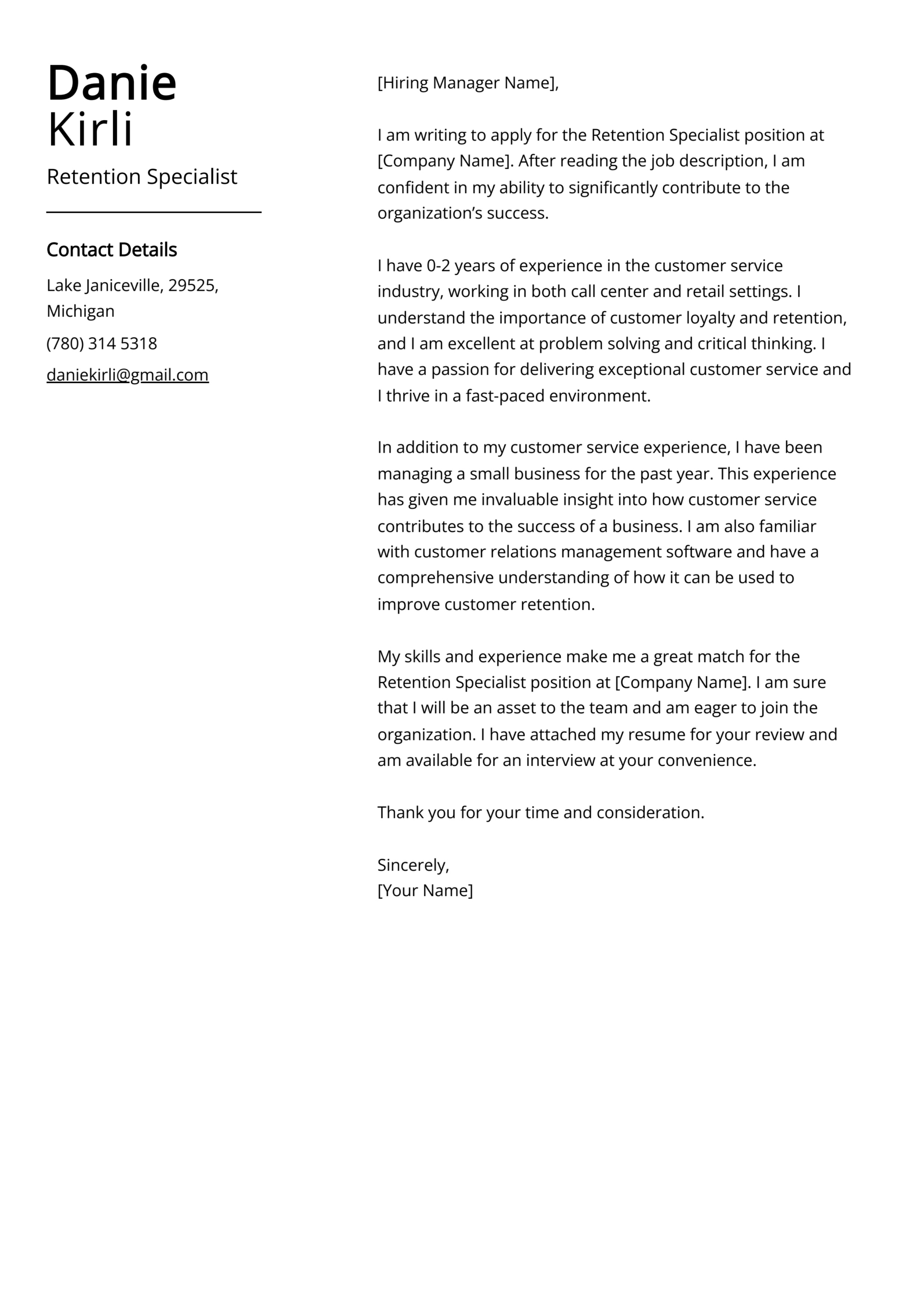 Retention Specialist Cover Letter Examples (Template &amp;amp; 20+ Tips) with Retention Letter Sample Template