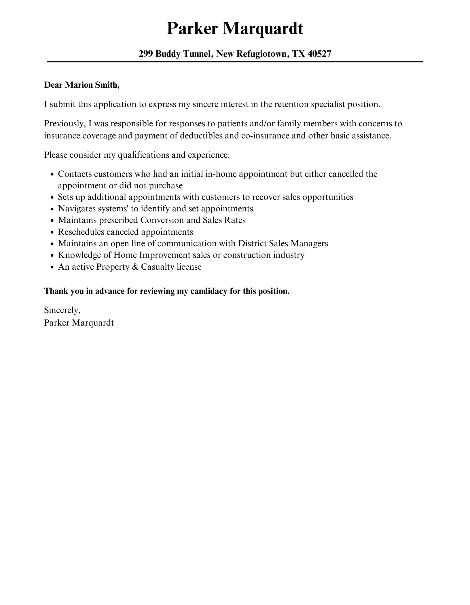 Retention Specialist Cover Letter | Velvet Jobs for Retention Letter Sample Template