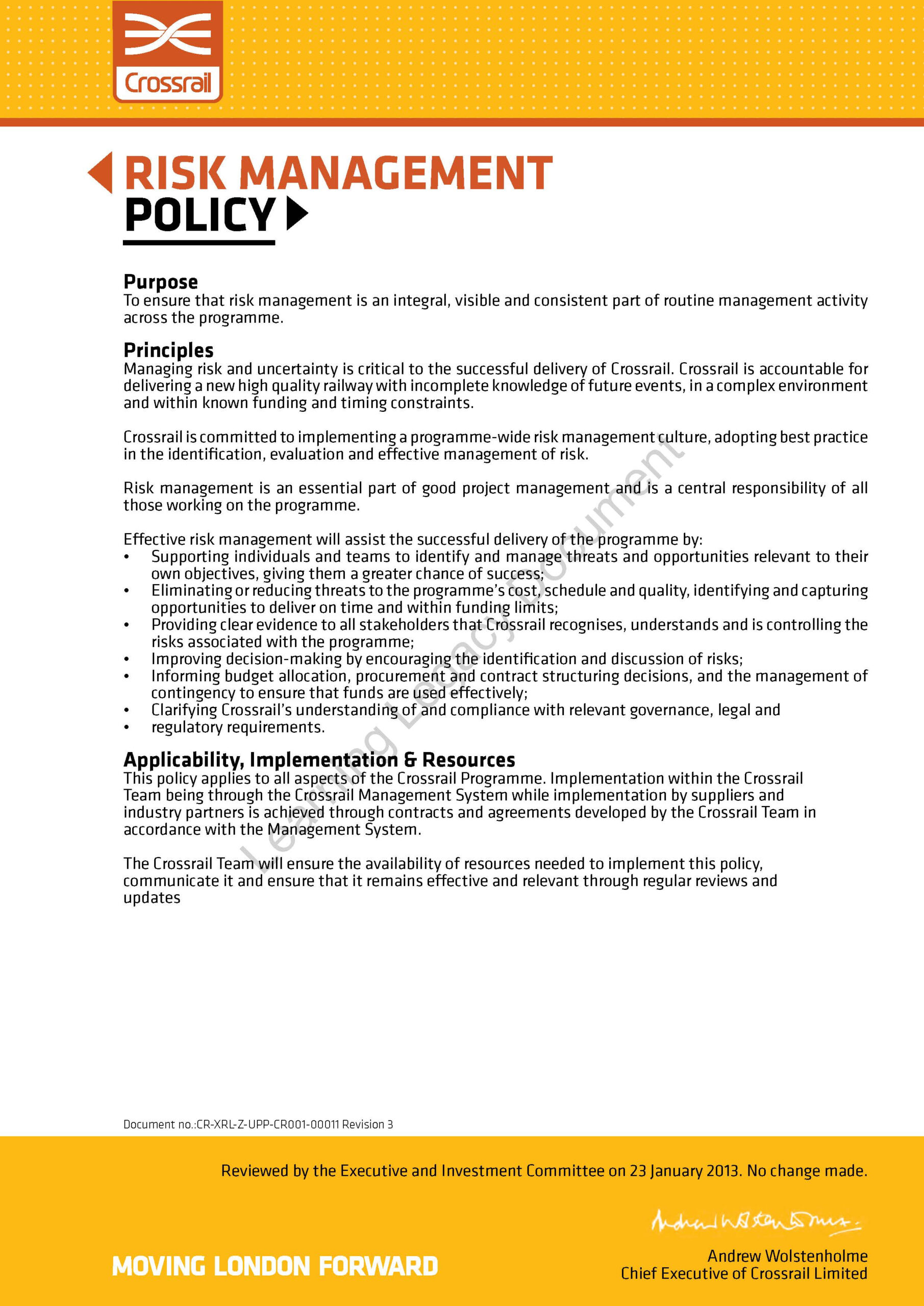 Risk Management - Crossrail Learning Legacy with Risk Management Policy Sample Template