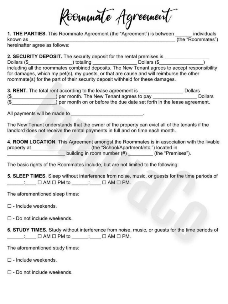 Roommate Agreement Sample Template