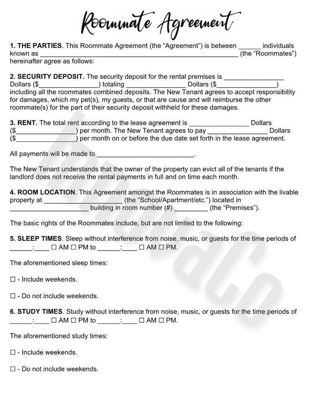 Roommate Agreement Template, Roommate Contract Template, Roommate pertaining to Roommate Agreement Sample Template