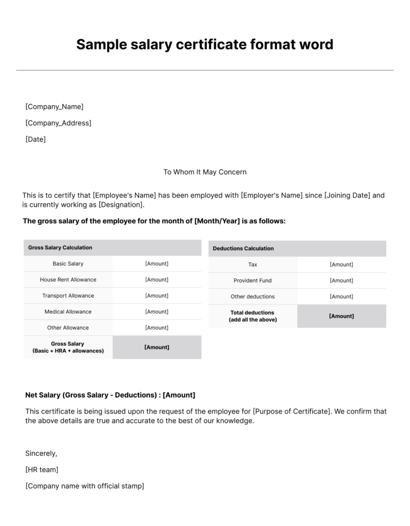 Salary Certificate Format–Download Free Word &amp;amp; Pdf Samples with Salary Requirements Sample Template