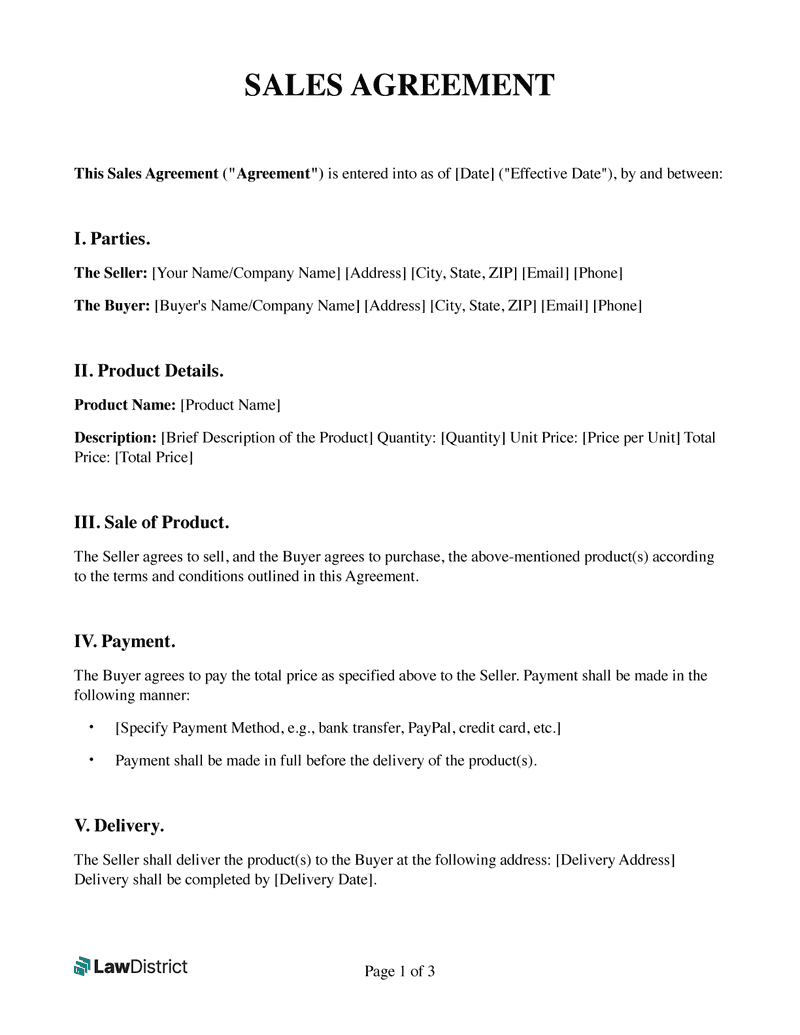 Sales Agreement Template | Free Pdf And Sample | Lawdistrict inside Sales Agreement Sample Template