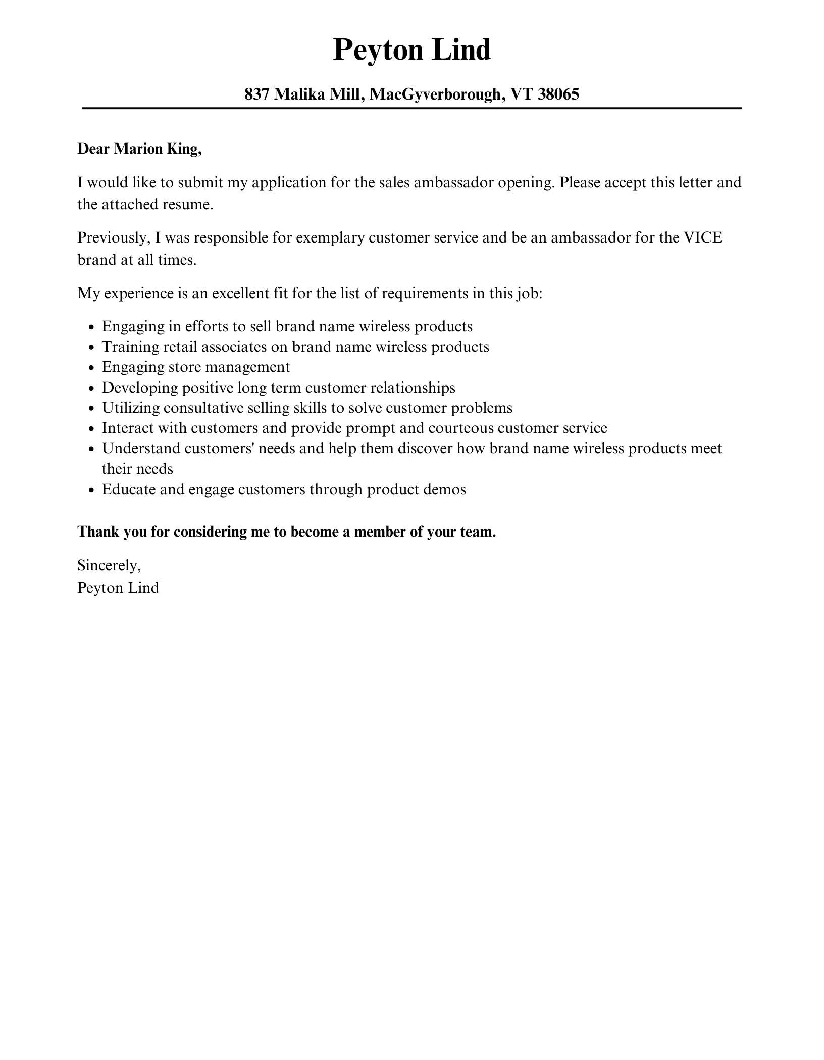 Sales Ambassador Cover Letter | Velvet Jobs throughout Diplomatic Letter Sample Template