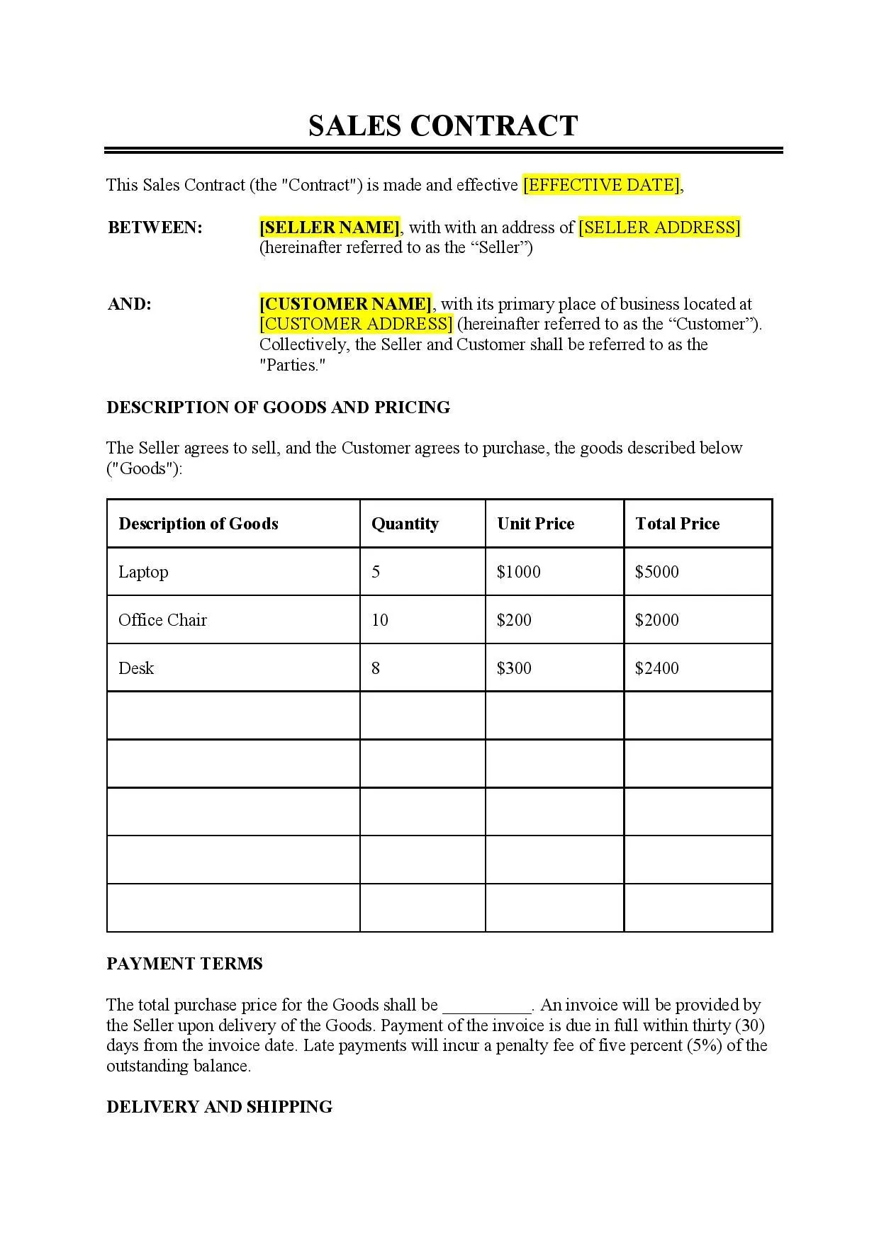 Sales Contract Template - Free Download - Easy Legal Docs with regard to Sales Agreement Sample Template