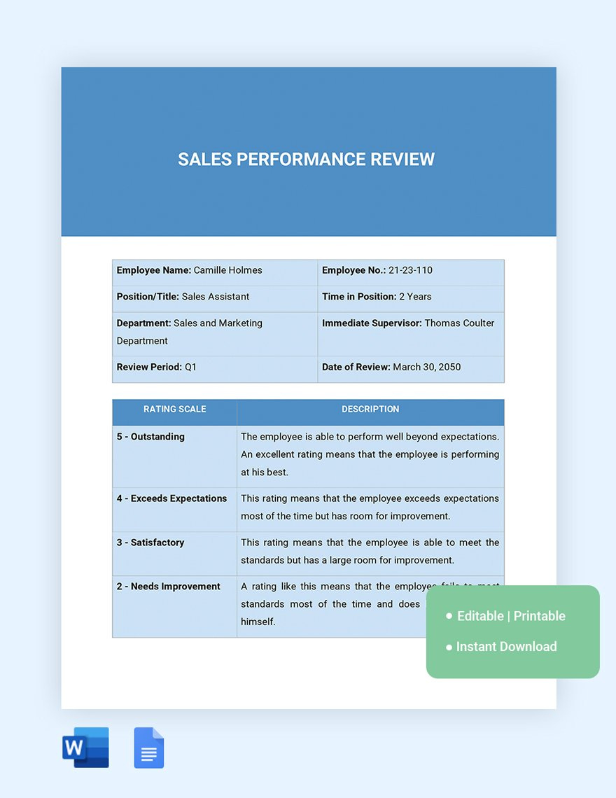 Sales Performance Review Template In Word, Google Docs - Download in Sales Performance Review Sample Templates