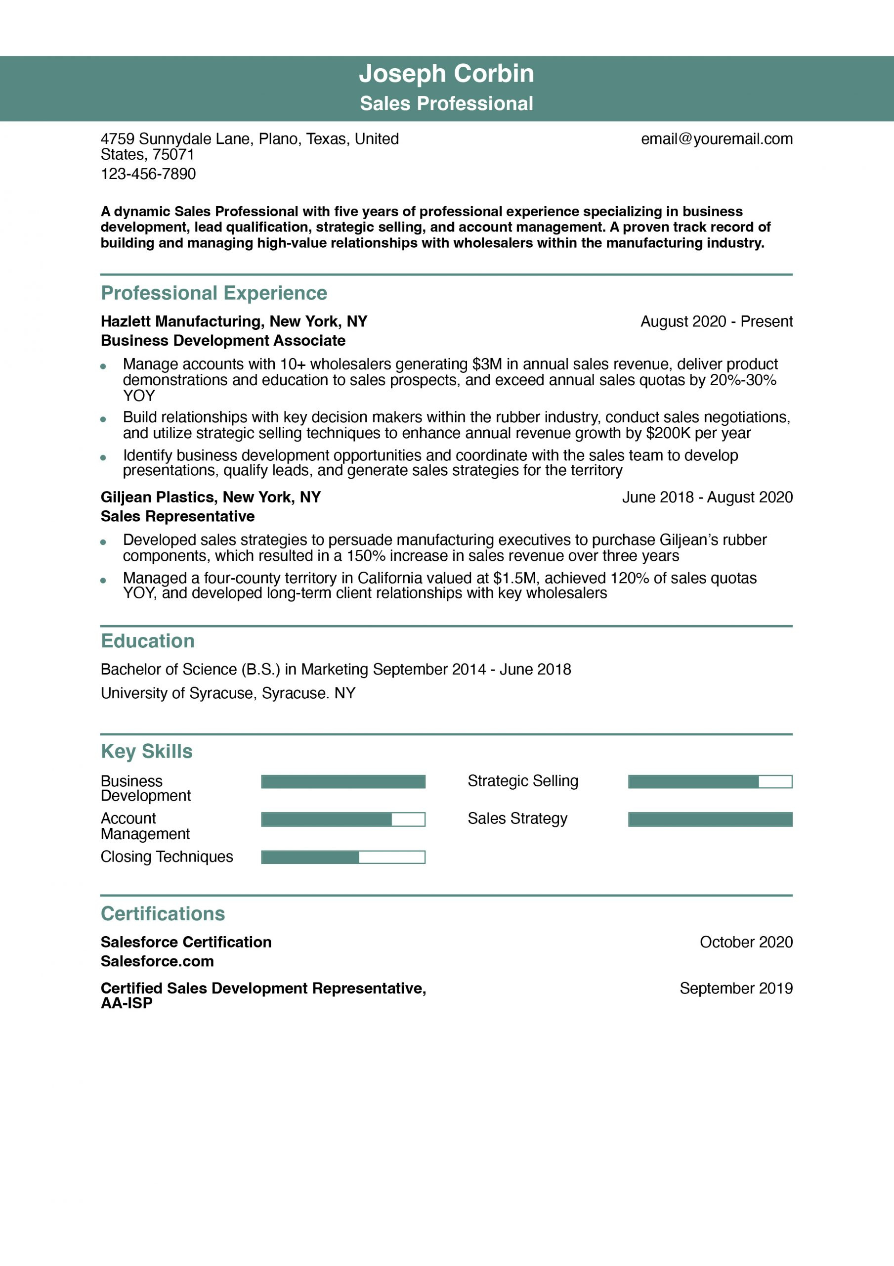 Sales Resume Examples And Templates For 2024 - Resumebuilder in Sales Resume Sample Template