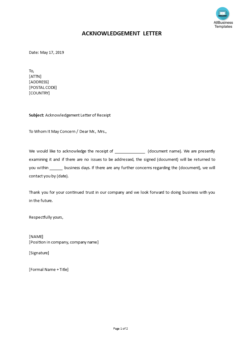 Sample Acknowledgment Letter Of Receipt | Templates At throughout Acknowledgement Letter Template Sample