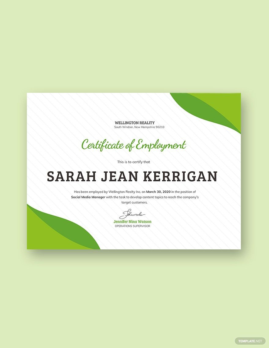 Sample Certificate Of Employment Template In Illustrator, Psd inside Certificate of Employment Sample Template