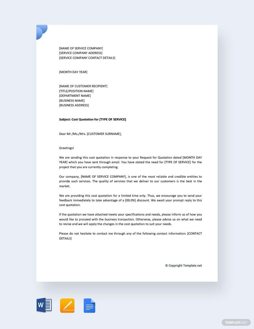 Sample Cover Letter For A Cost Quotation In Google Docs, Pages intended for Quotation Letter Sample Template