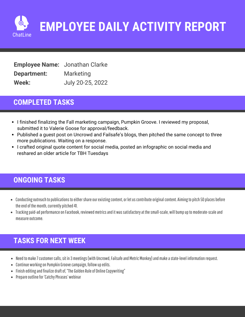 Sample Employee Daily Activity Report Template - Venngage for Sample Activity Report Template