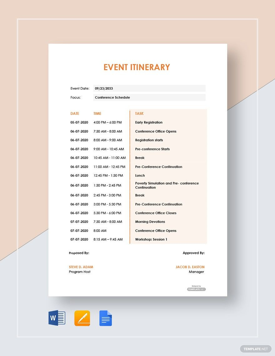 Sample Event Itinerary Template In Google Docs, Word - Download inside Event Sample Template