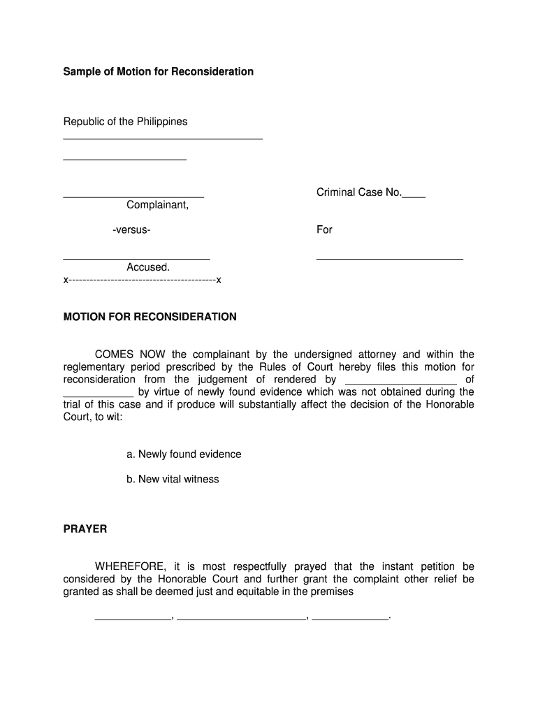 Sample Letter Of Motion For Reconsideration: Fill Out &amp;amp; Sign regarding Reconsideration Motion Sample Template