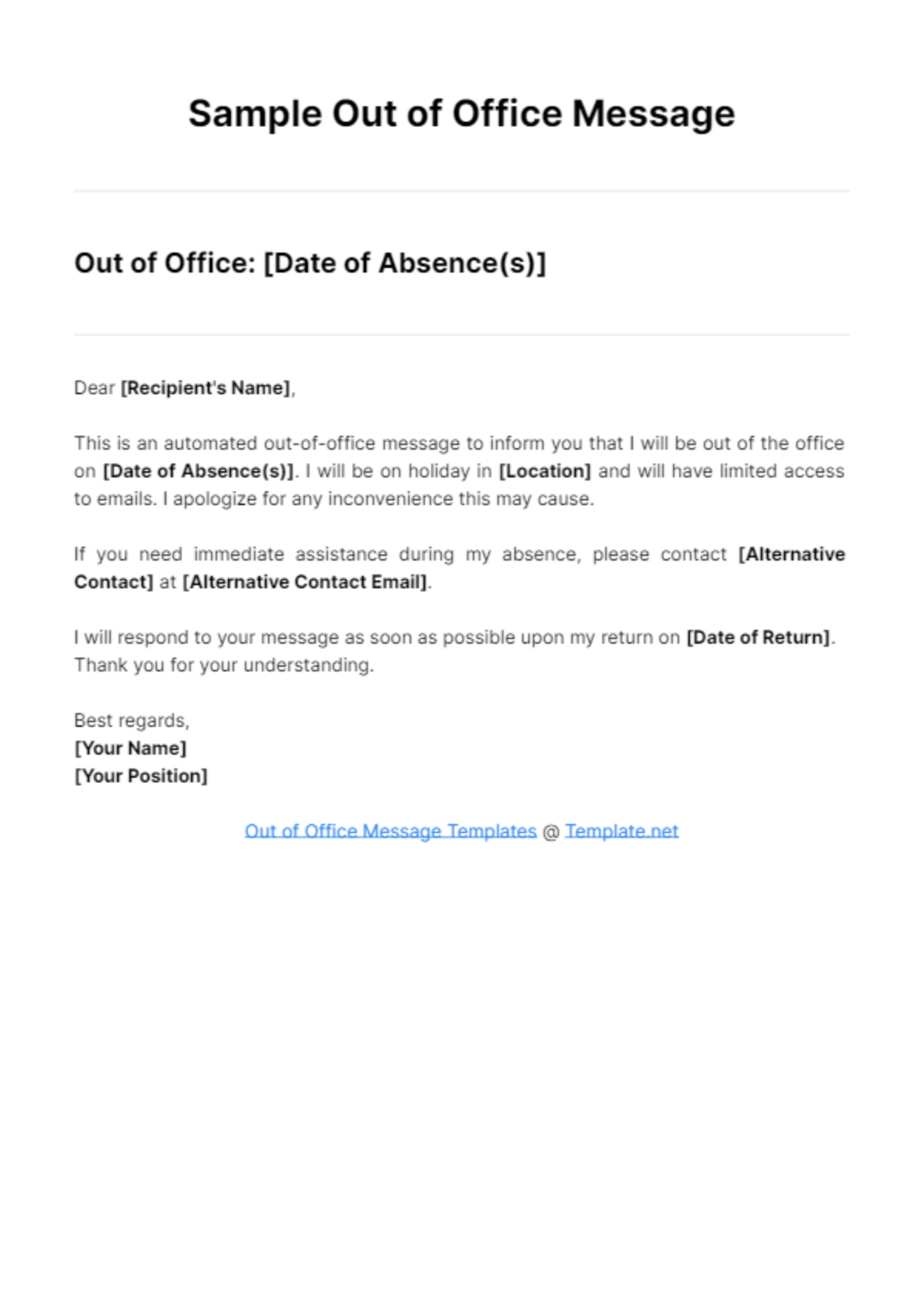 Sample Out Of Office Message Template - Edit Online &amp;amp; Download inside Out of Office Email Template Sample