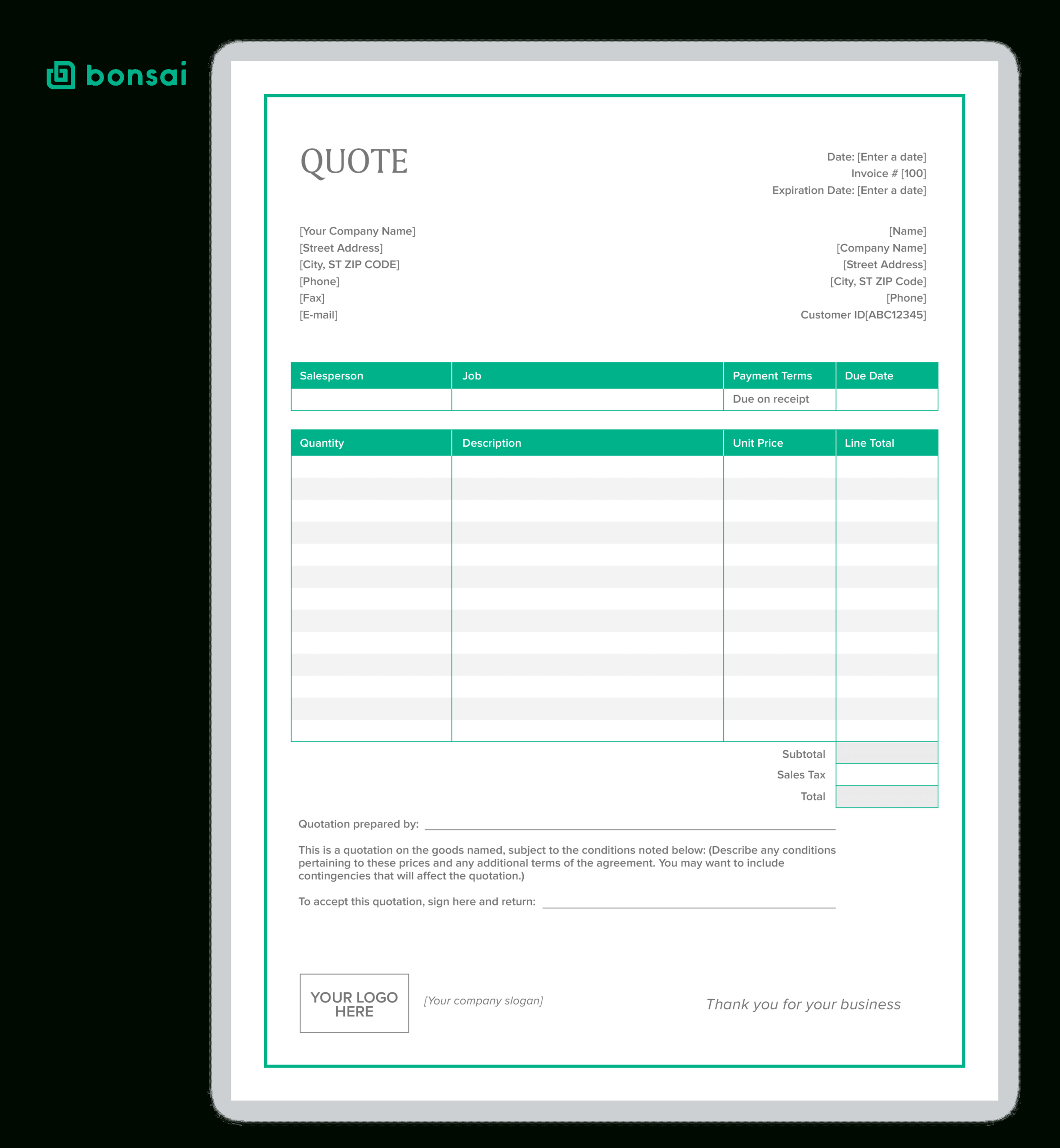 Sample Quotation Template (Free - 2024 Updated) - Bonsai regarding Quotation Template Free Sample