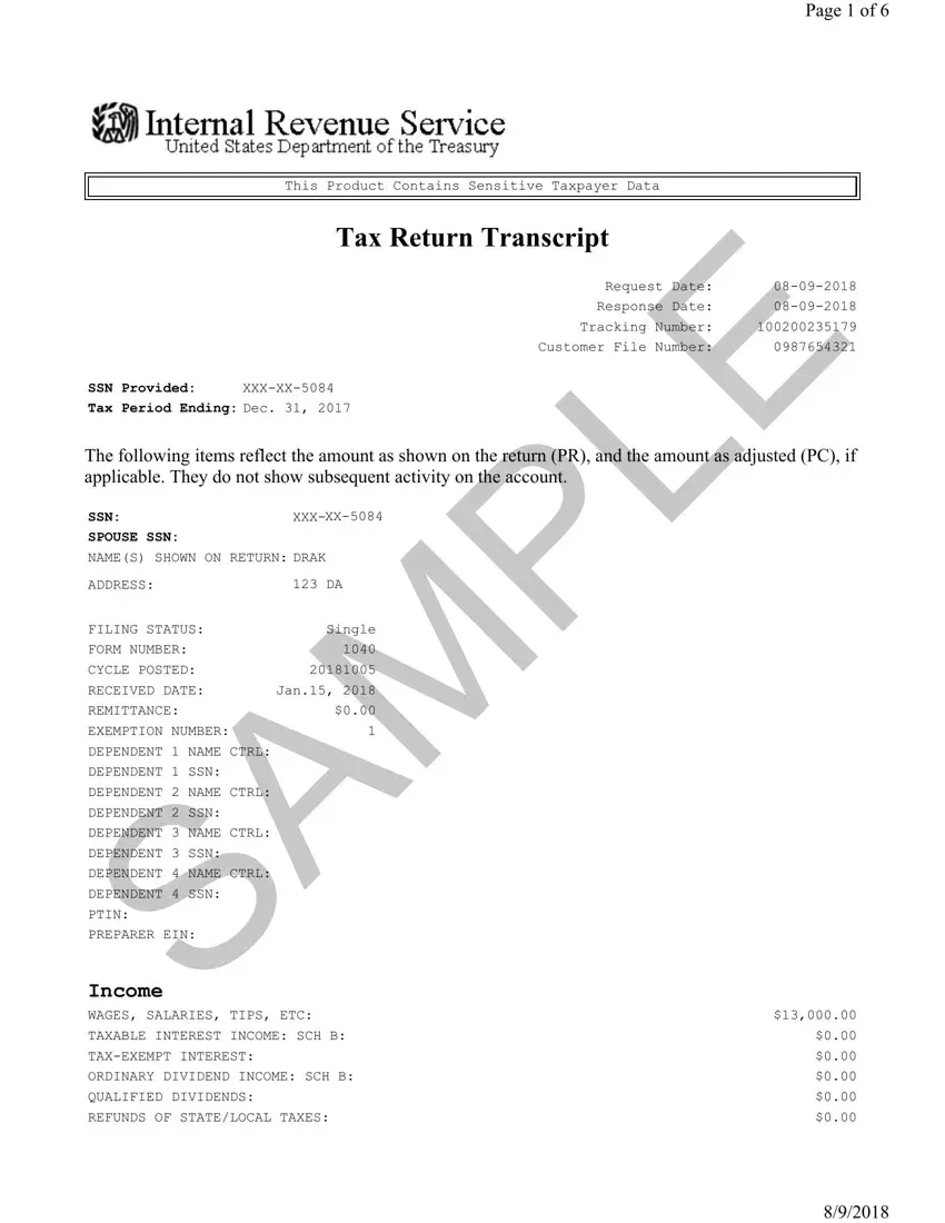 Sample Tax Return Transcript ≡ Fill Out Printable Pdf Forms Online intended for Irs Sample Template For Schools