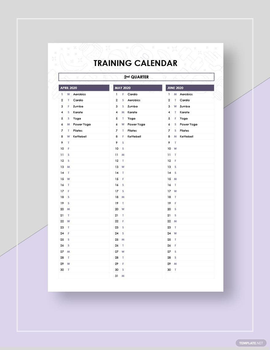 Sample Training Calendar Template In Google Docs, Pages, Word, Pdf inside Training Calendar Template Sample