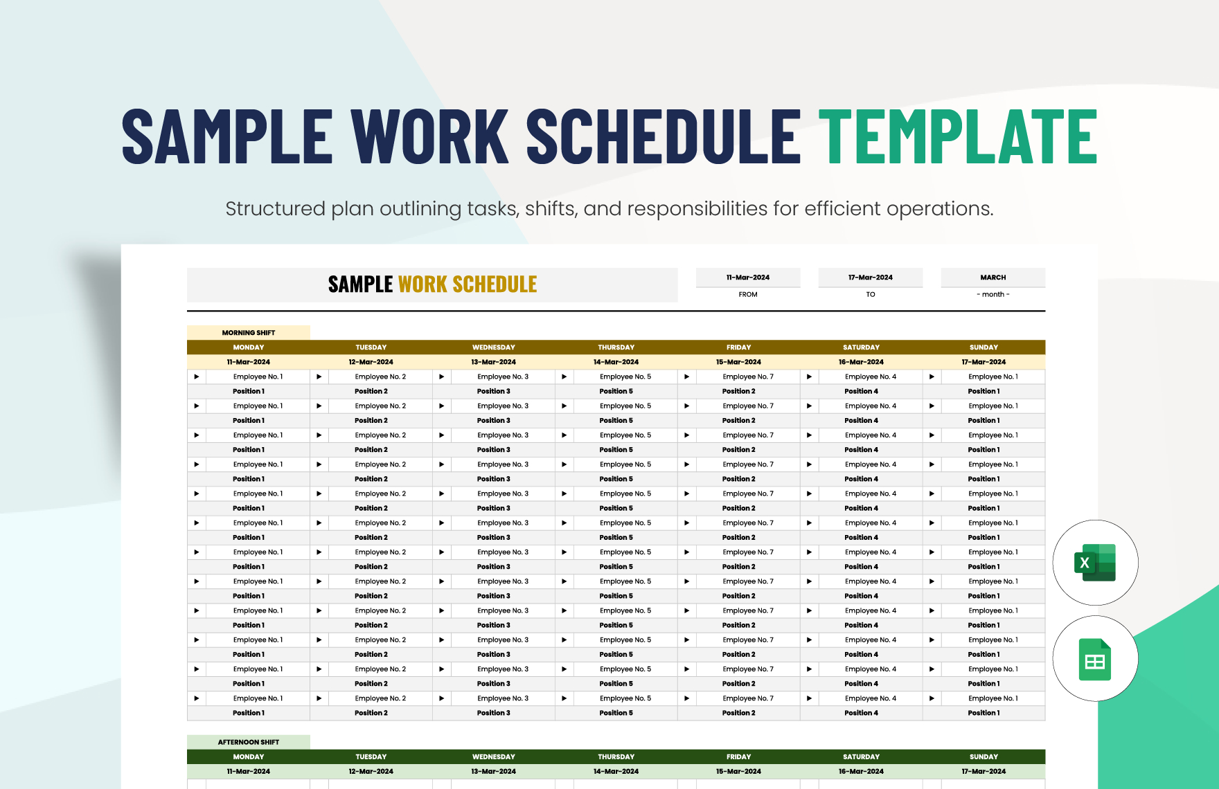 Sample Work Schedule Template In Excel, Google Sheets - Download in Employee Work Schedule Template Sample