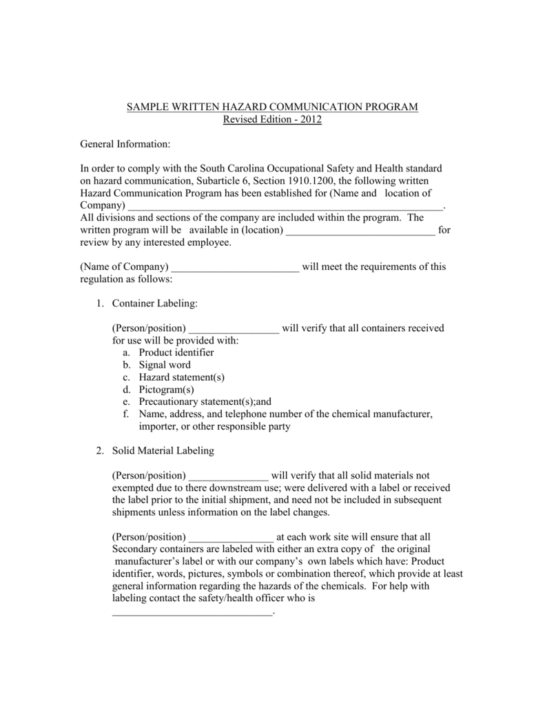 Sample Written Hazard Communication Program with Hazard Communication Program Sample Template