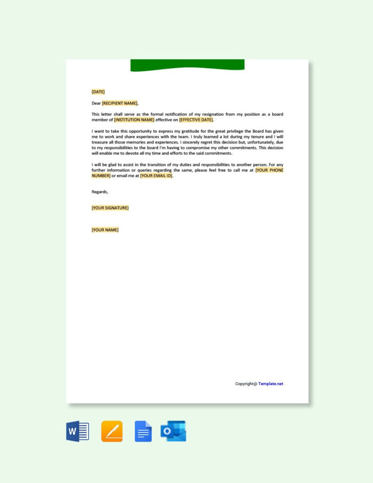 Board Resignation Letter Sample Template