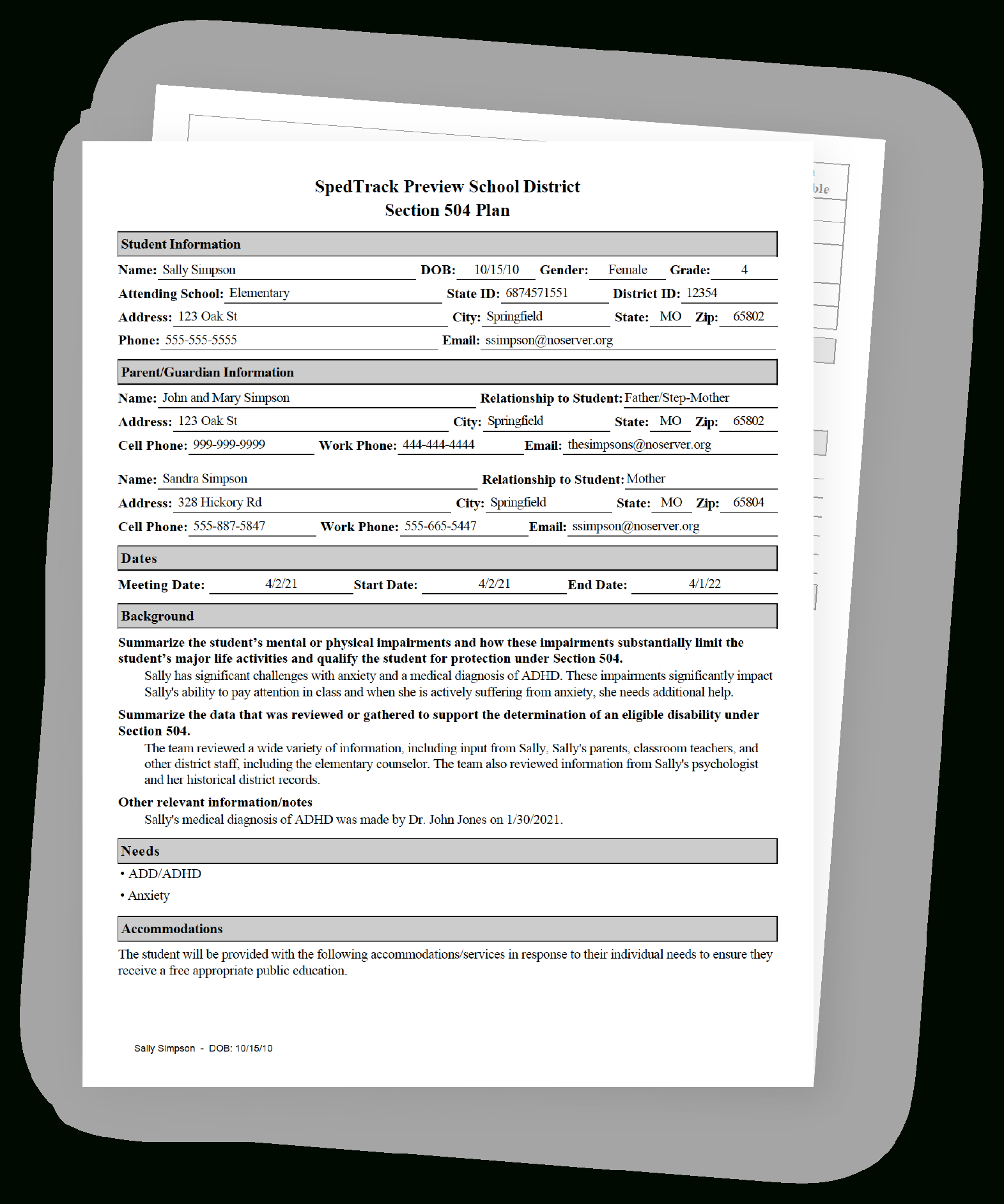 Section 504 Plan (Free Download) | Spedtrack regarding 504 Plan Sample Template