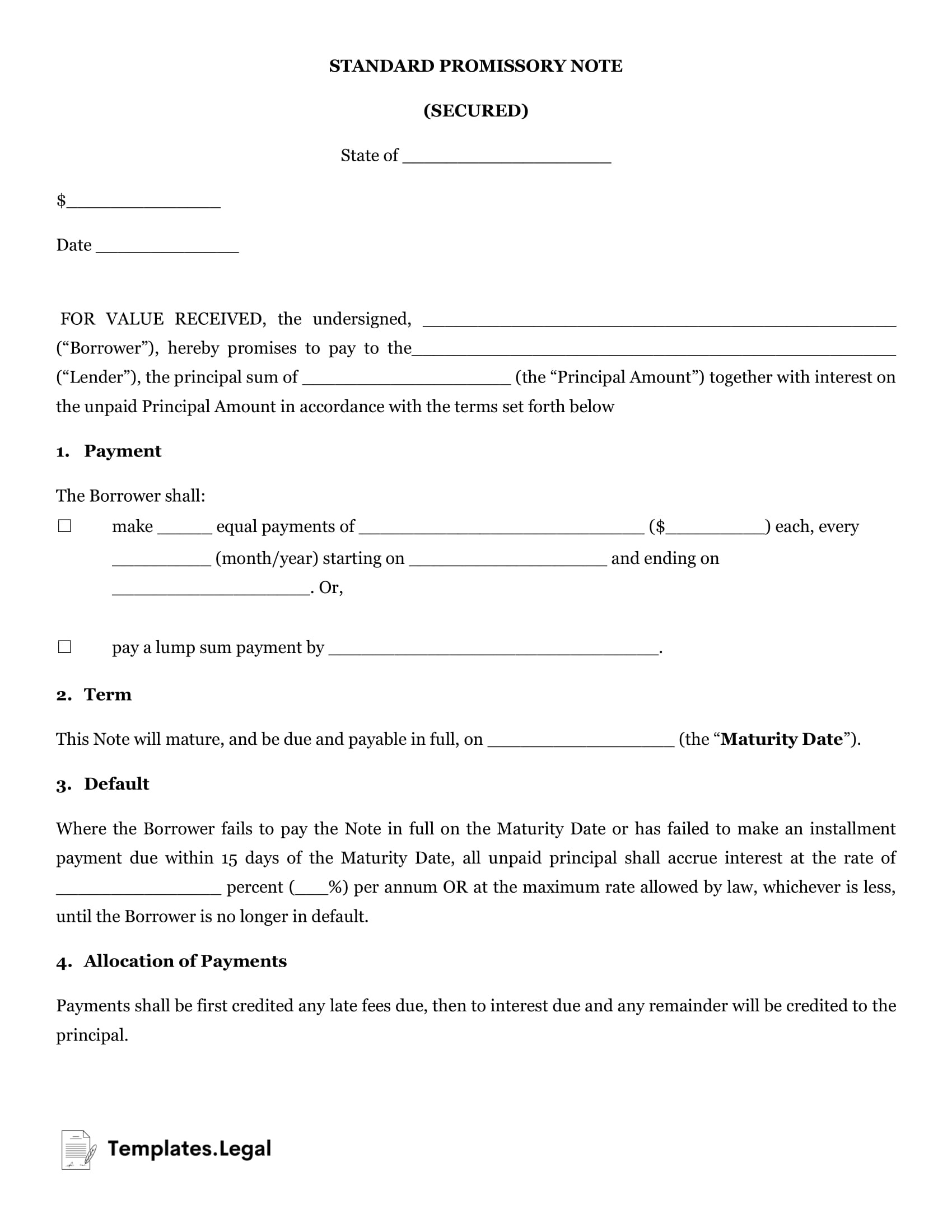 Secured Promissory Note Templates (Free) [Word, Pdf, Odt] with Promissory Note Template Sample