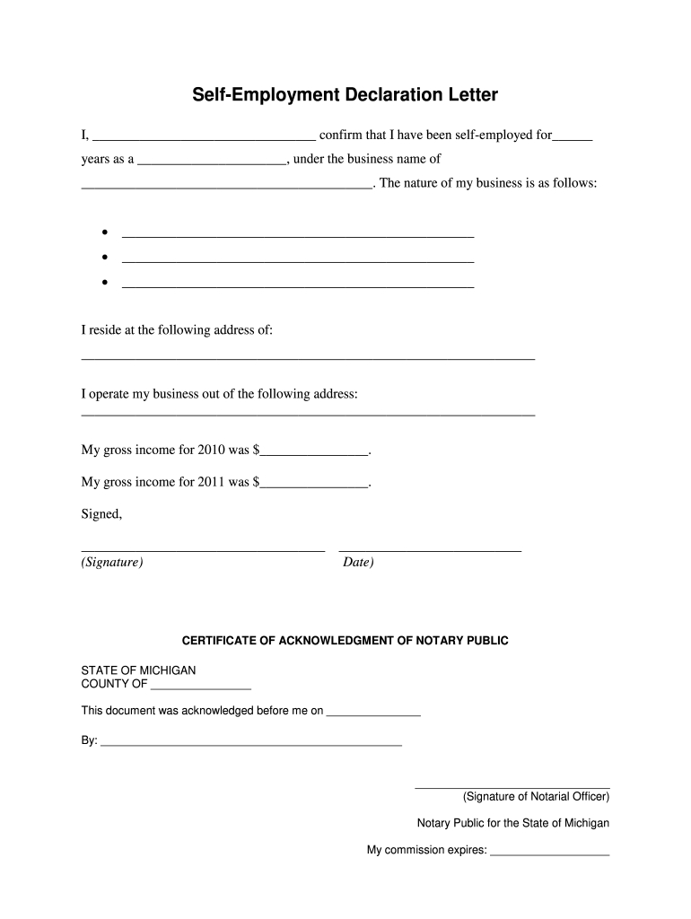 Self Employment Declaration Letter Pdf - Fill Online, Printable for Declaration Sample Template