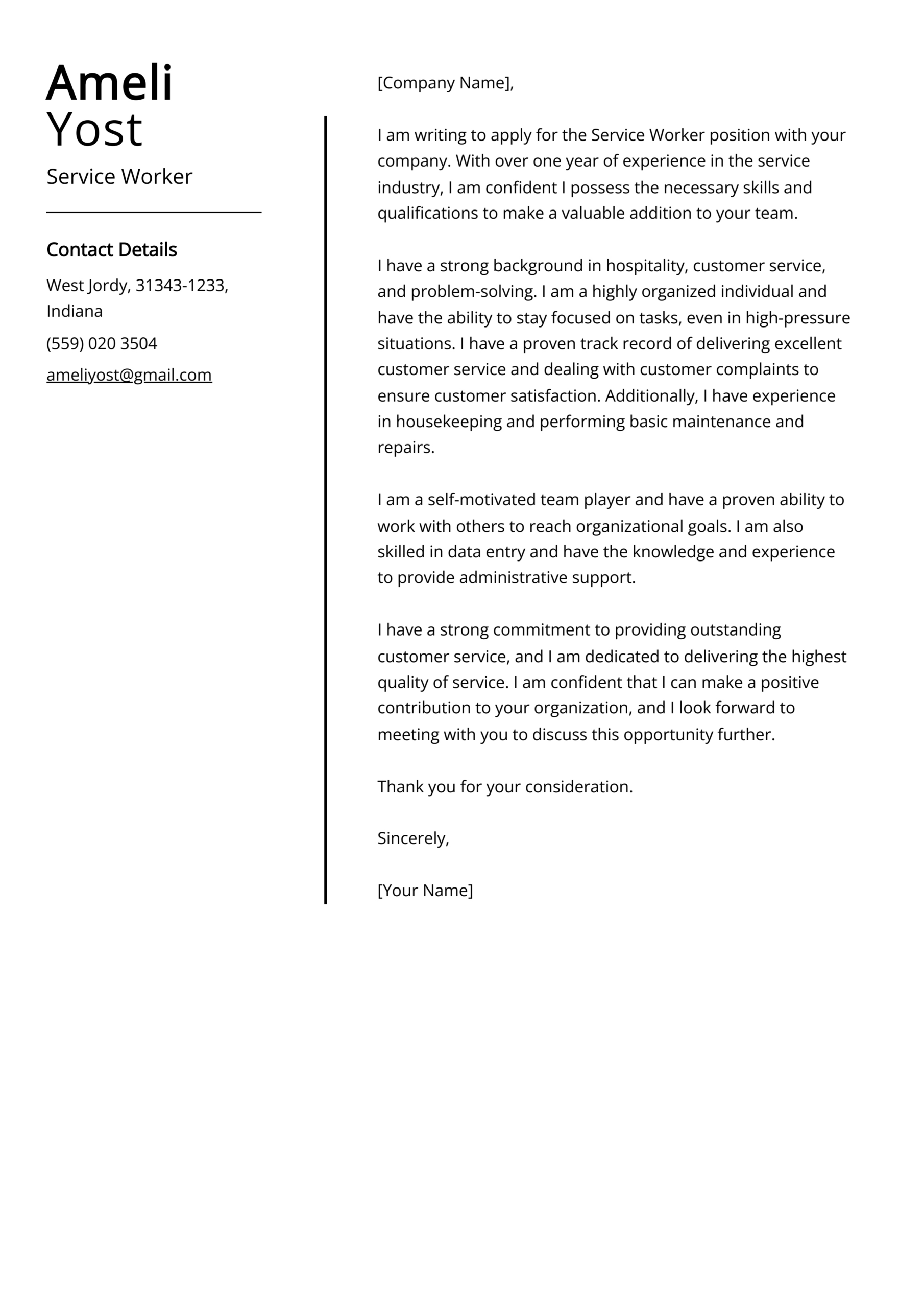 Service Worker Cover Letter Examples (Template &amp;amp; 20+ Tips) pertaining to Service Letter Sample Templates