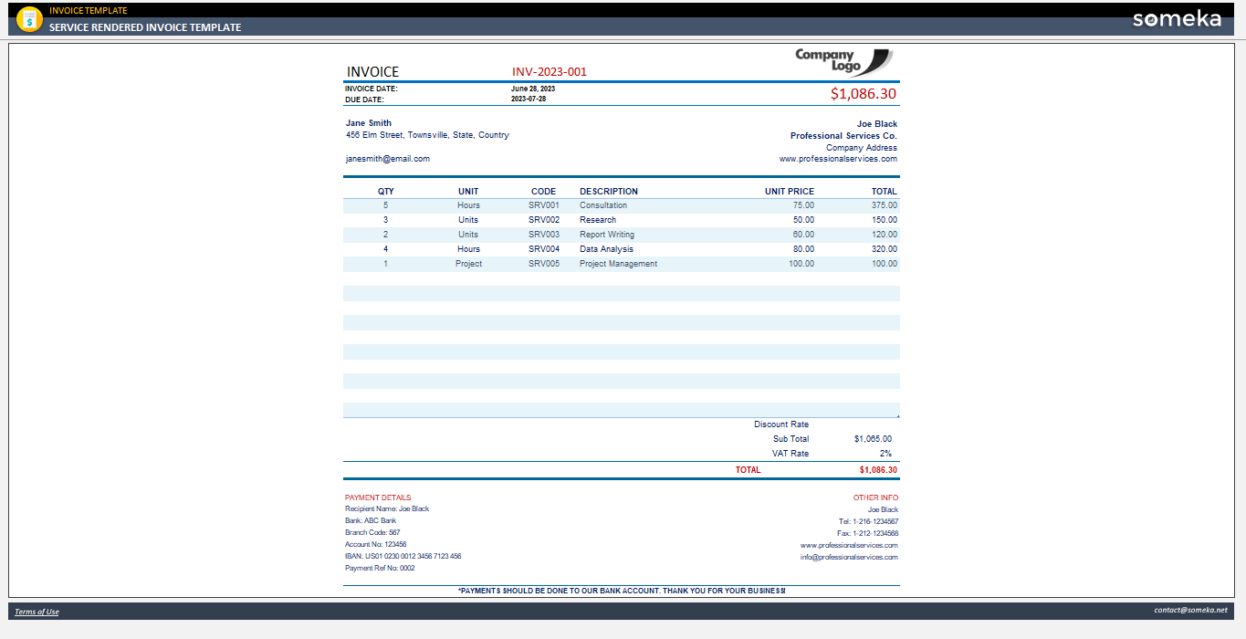 Services Rendered Invoice Template [Free Template] within Invoice for Services Rendered Template Sample