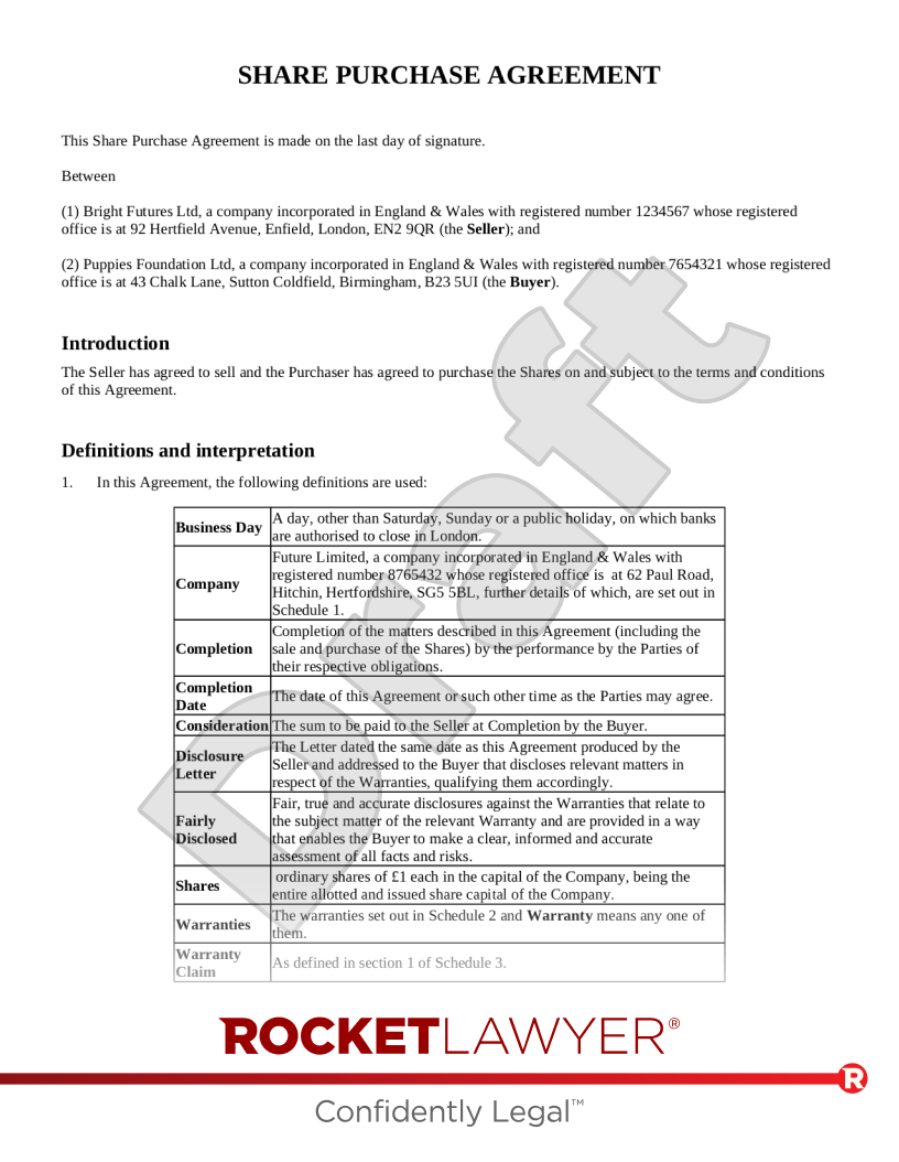 Share Purchase Agreement | Template &amp;amp; Faqs - Rocket Lawyer Uk within Share Purchase Agreement Sample Template