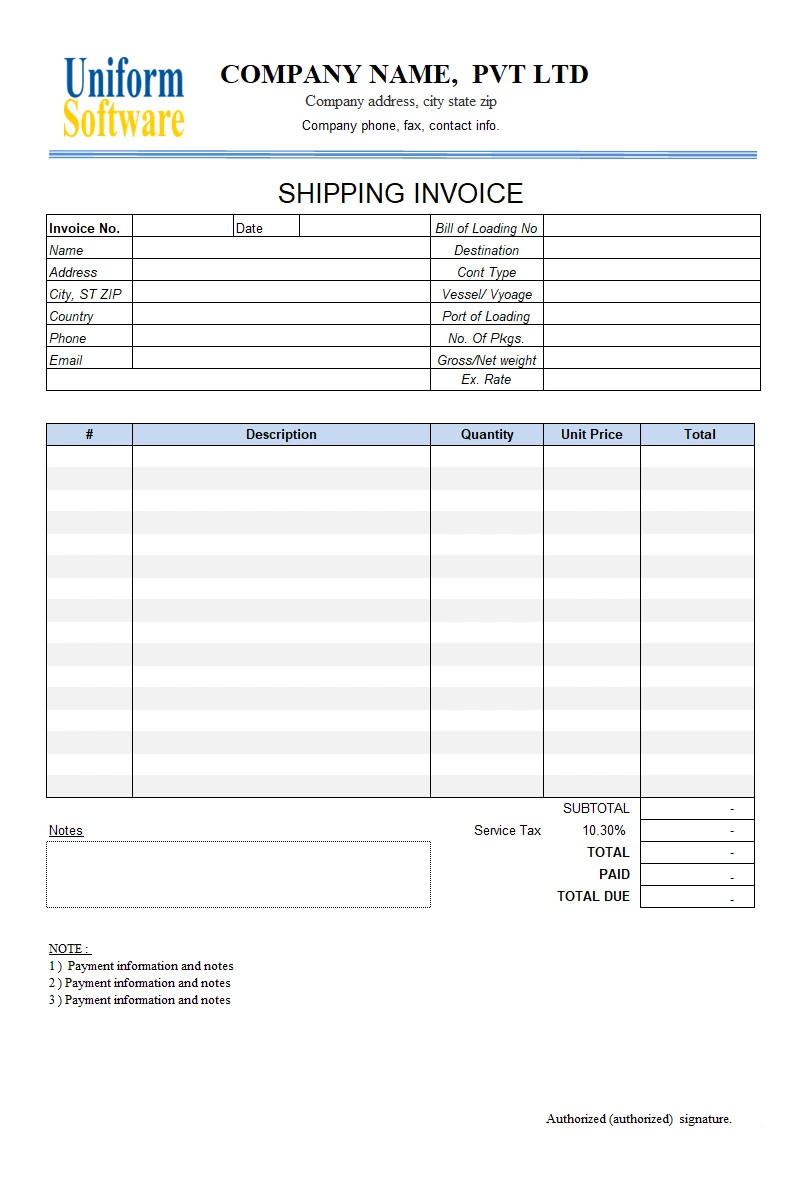 Shipping Invoice Template (1) for Shipping Invoice Template Sample