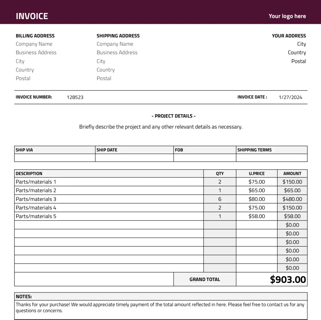 Shipping Invoice Template - Coefficient in Shipping Invoice Template Sample