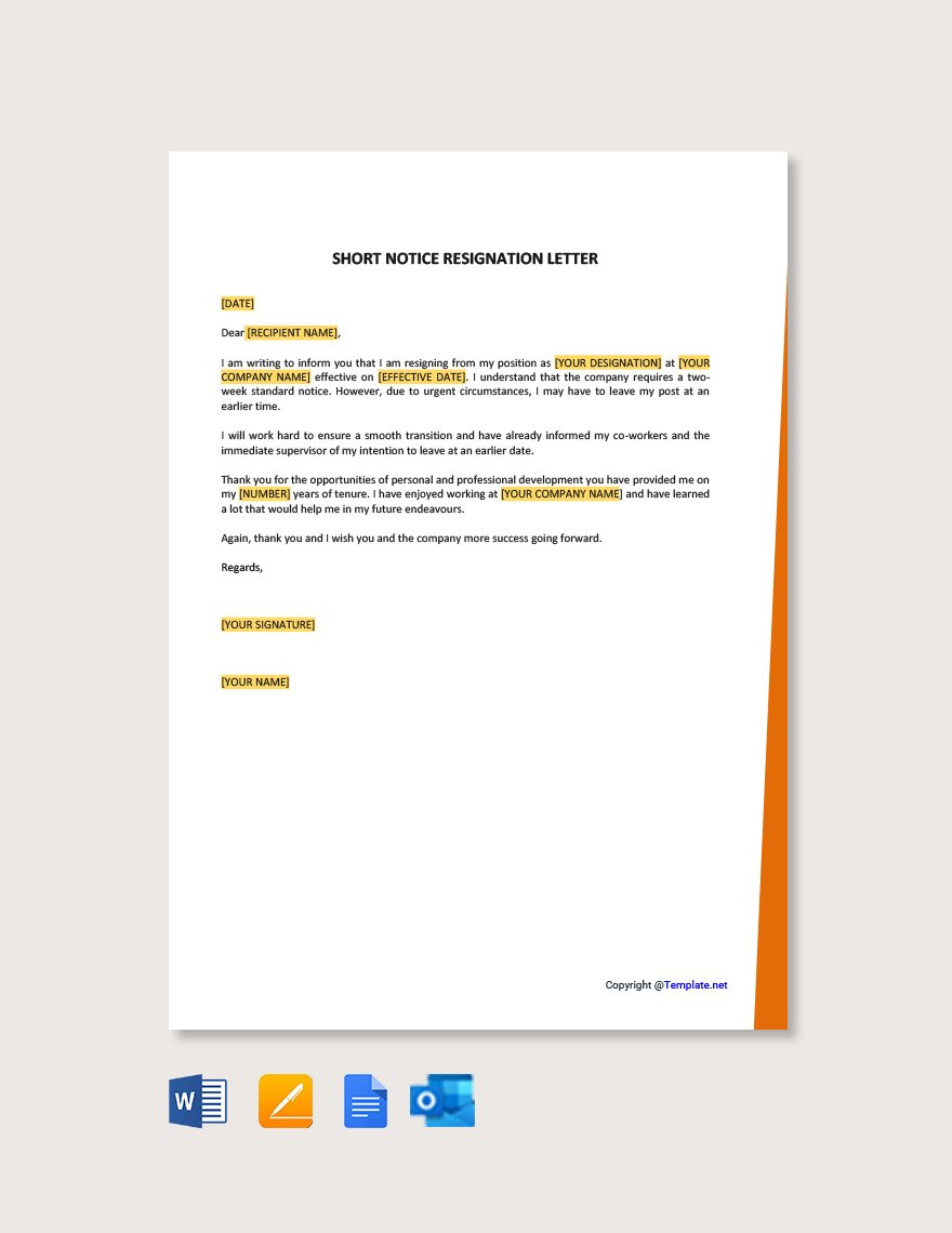 Short Notice Resignation Letter In Pages, Outlook, Pdf, Word regarding 1-Month Notice Resignation Letter Sample Template