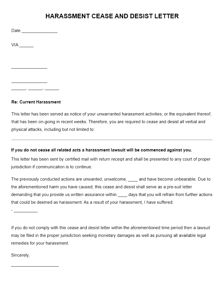 Signsimpli: Harassment Cease And Desist Letter throughout Cease And Desist Letter Template Sample For Harassment