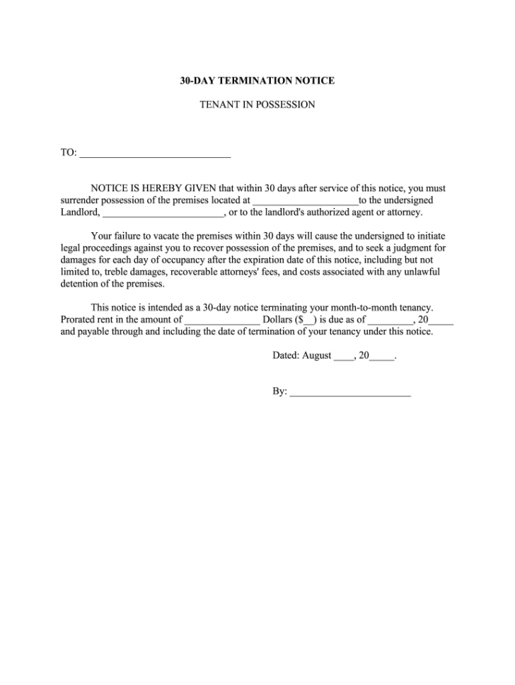 30-Day Notice to Landlord Template Sample