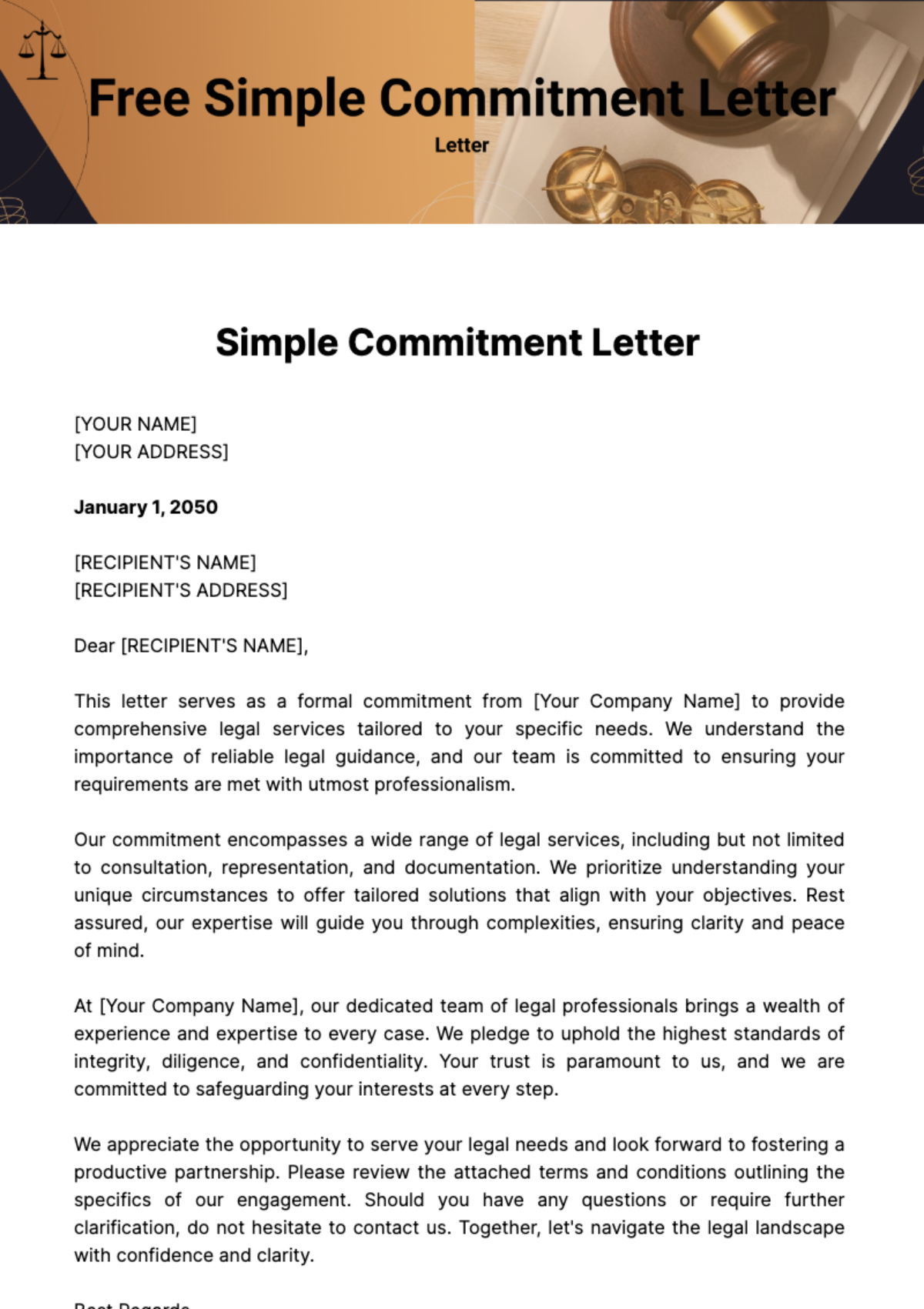 Simple Commitment Letter Template - Edit Online &amp;amp; Download Example for Commitment Letter Template Sample