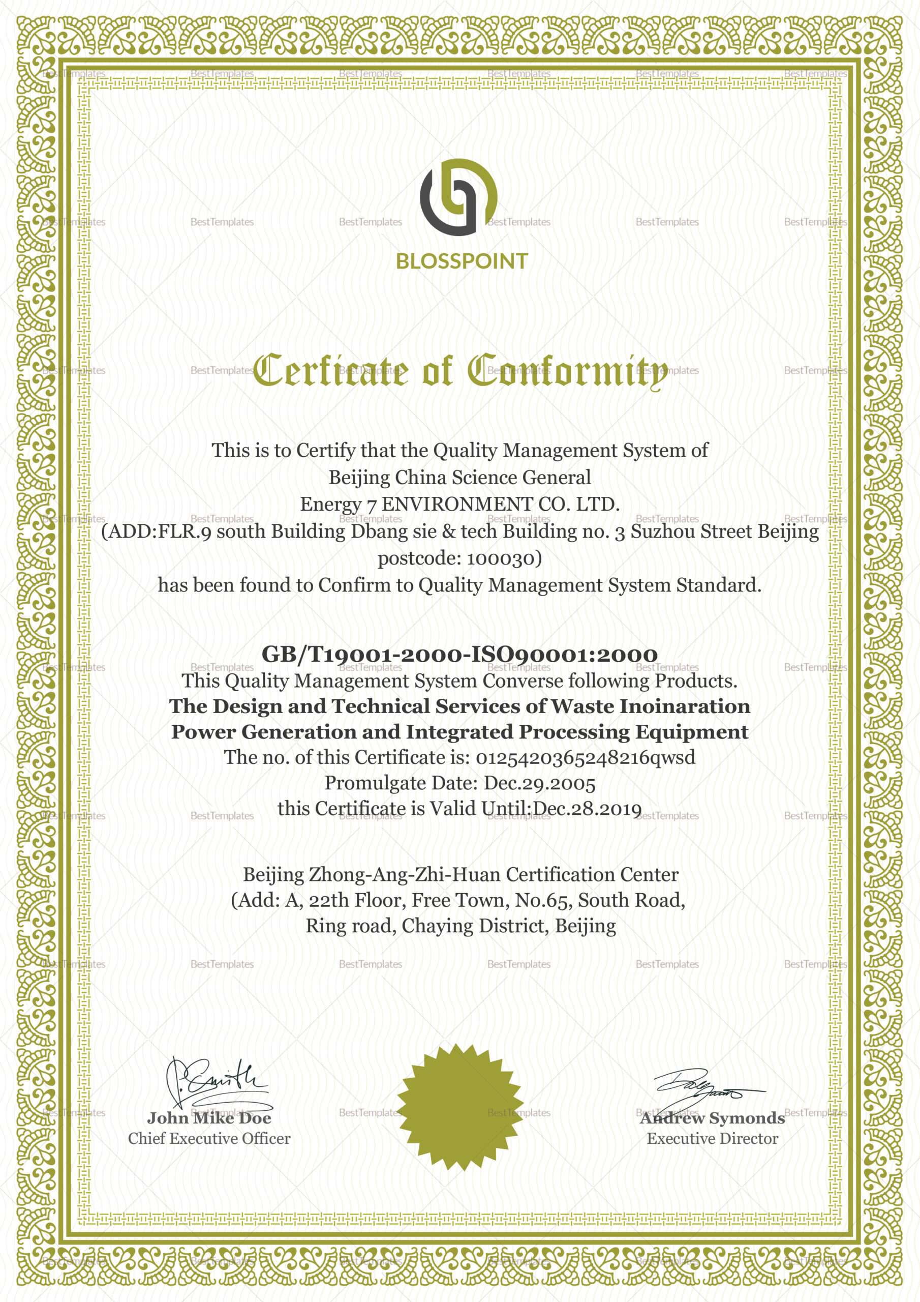 Simple Conformity Certificate Design Template In Psd, Word within Certificate of Conformity Sample Template