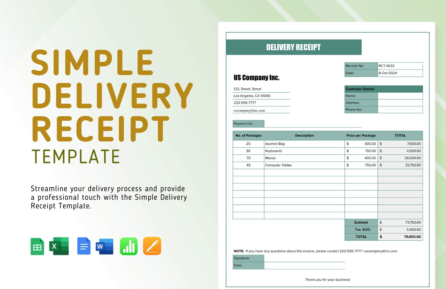 Simple Delivery Receipt Template In Google Docs, Word, Apple Pages within Delivery Receipt Template Sample