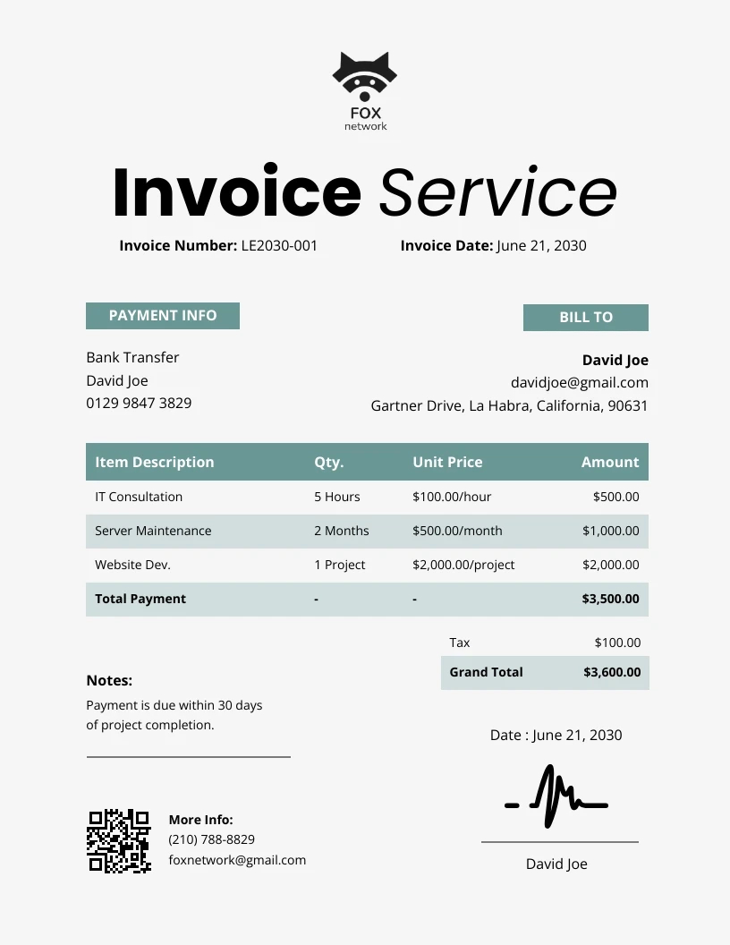 Simple Grey Service Invoice Template - Venngage intended for Service Invoice Sample Template